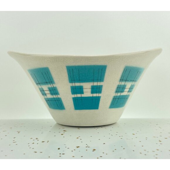 Vintage 1950s Primastone Danube bowl, teal, cream, grey, MCM decor - Picture 2 of 10